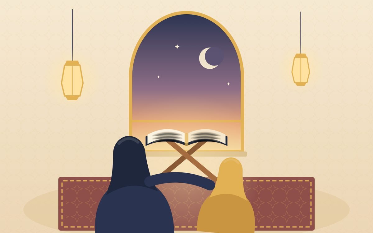 Illustration: a mother and her daughter, seen from behind, reading the Quran together on a wooden rehal at dusk