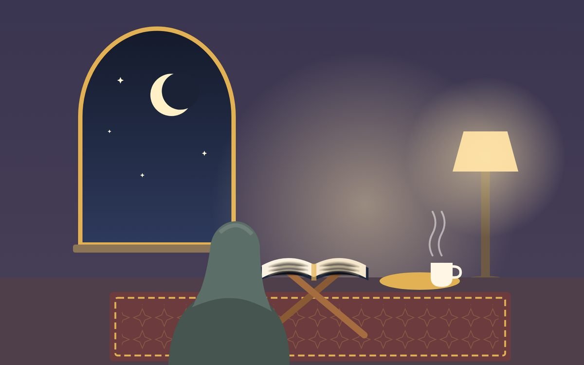 Illustration: a woman in hijab, seen from behind, studying the Quran on a rehal at night beside a cup of tea